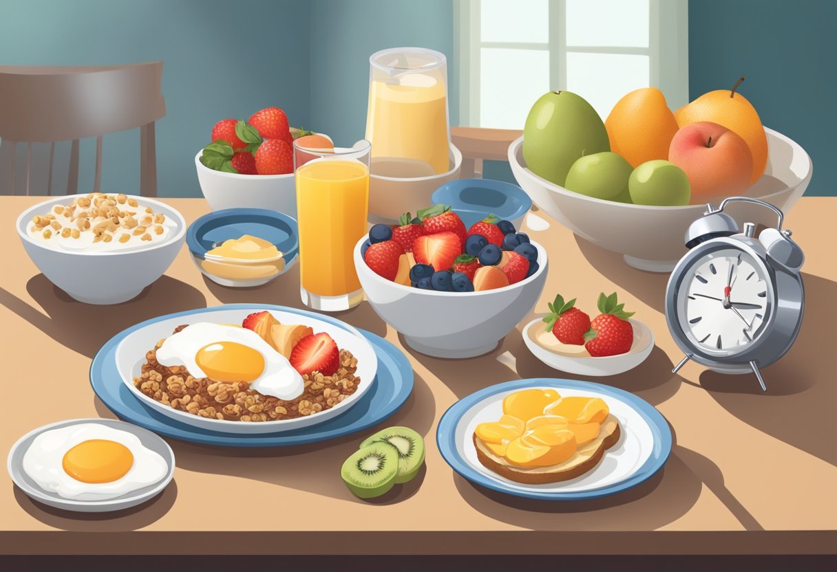 A table set with a variety of breakfast options, including fruit, yogurt, granola, and toast with spreads. A clock on the wall shows the time at 8:00 am