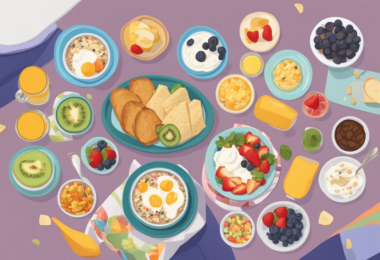 A table with a variety of pre-prepped breakfast items: overnight oats, yogurt parfaits, fruit salad, and breakfast burritos neatly arranged on colorful plates