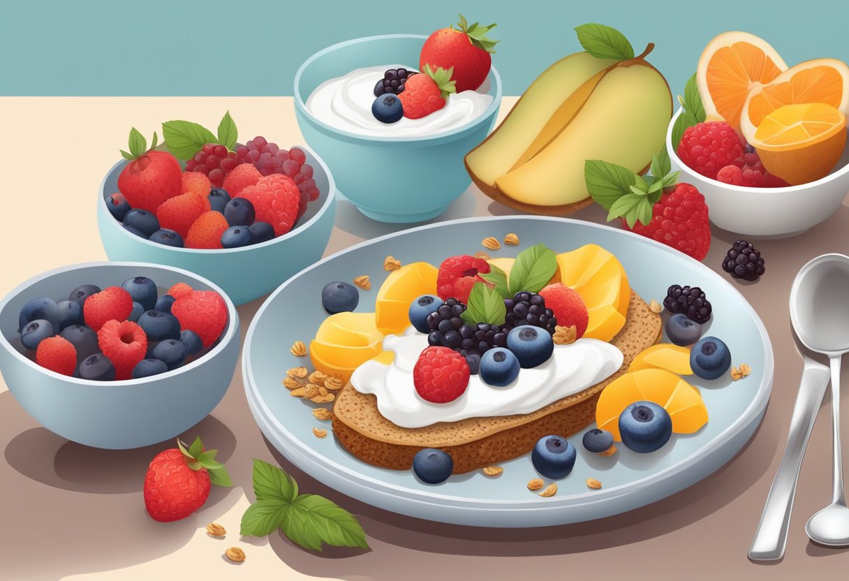 A table set with a variety of colorful fruits, whole grain toast, and a bowl of yogurt topped with granola and berries