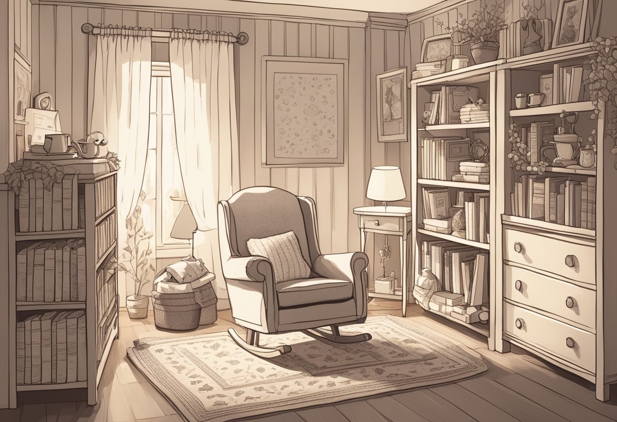 A cozy nursery with a bookshelf filled with baby name books, a comfortable rocking chair, and a table with a cup of tea and a notepad for jotting down name variations