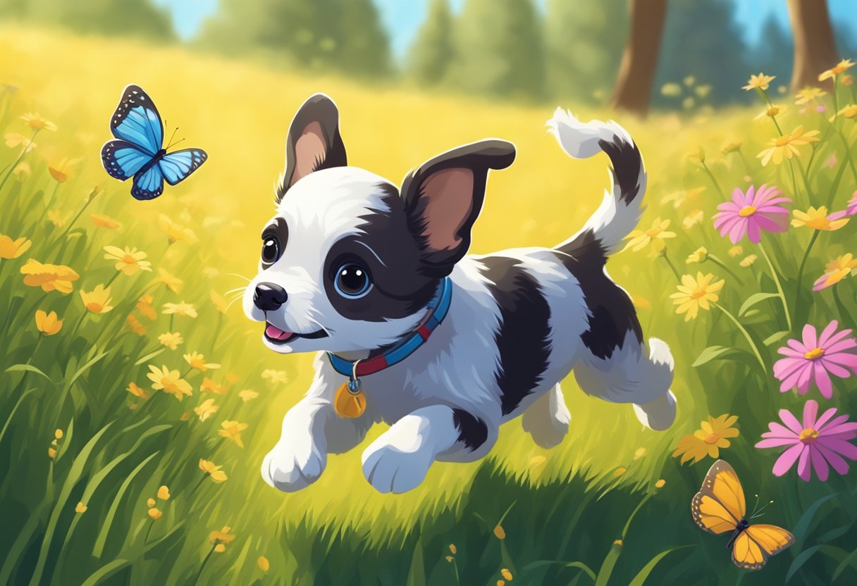 A small, playful puppy named Ranger chasing after a colorful butterfly in a sunlit meadow
