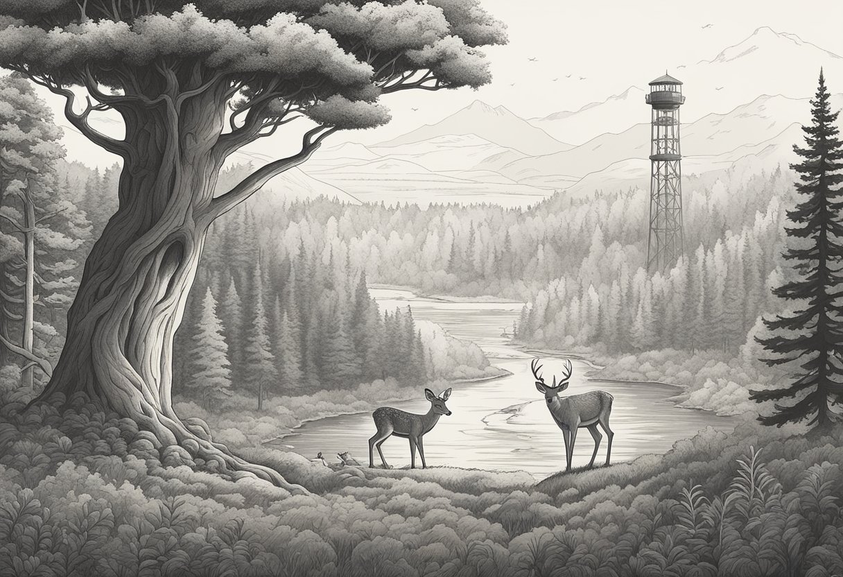 A forest clearing with a majestic ranger tower and a baby deer grazing peacefully, symbolizing the origin and meaning of the name "Ranger."