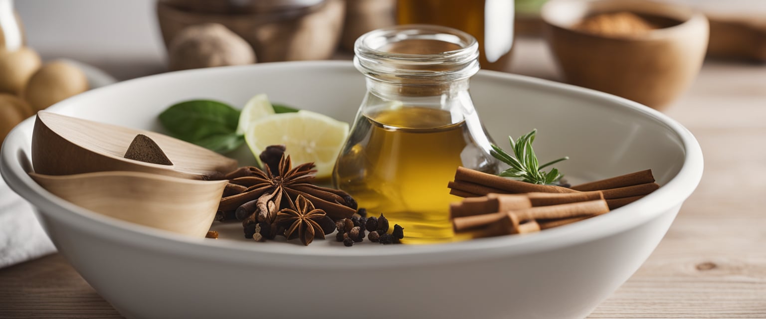 Fresh ingredients surround a mixing bowl. Bottles of vinegar, oil, and spices sit nearby. A whisk and measuring spoons are ready for use