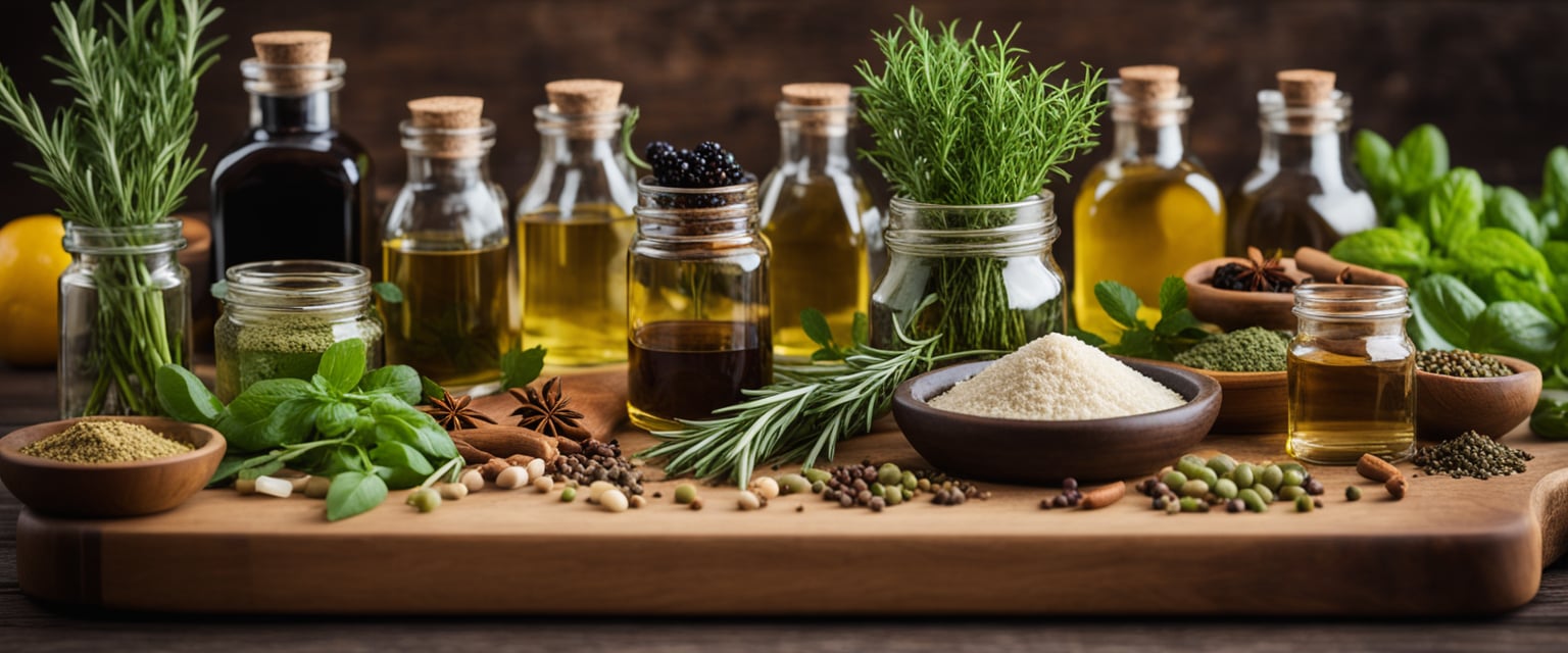 A variety of fresh herbs, oils, vinegars, and spices are arranged on a wooden cutting board, ready to be used in homemade sauces and dressings