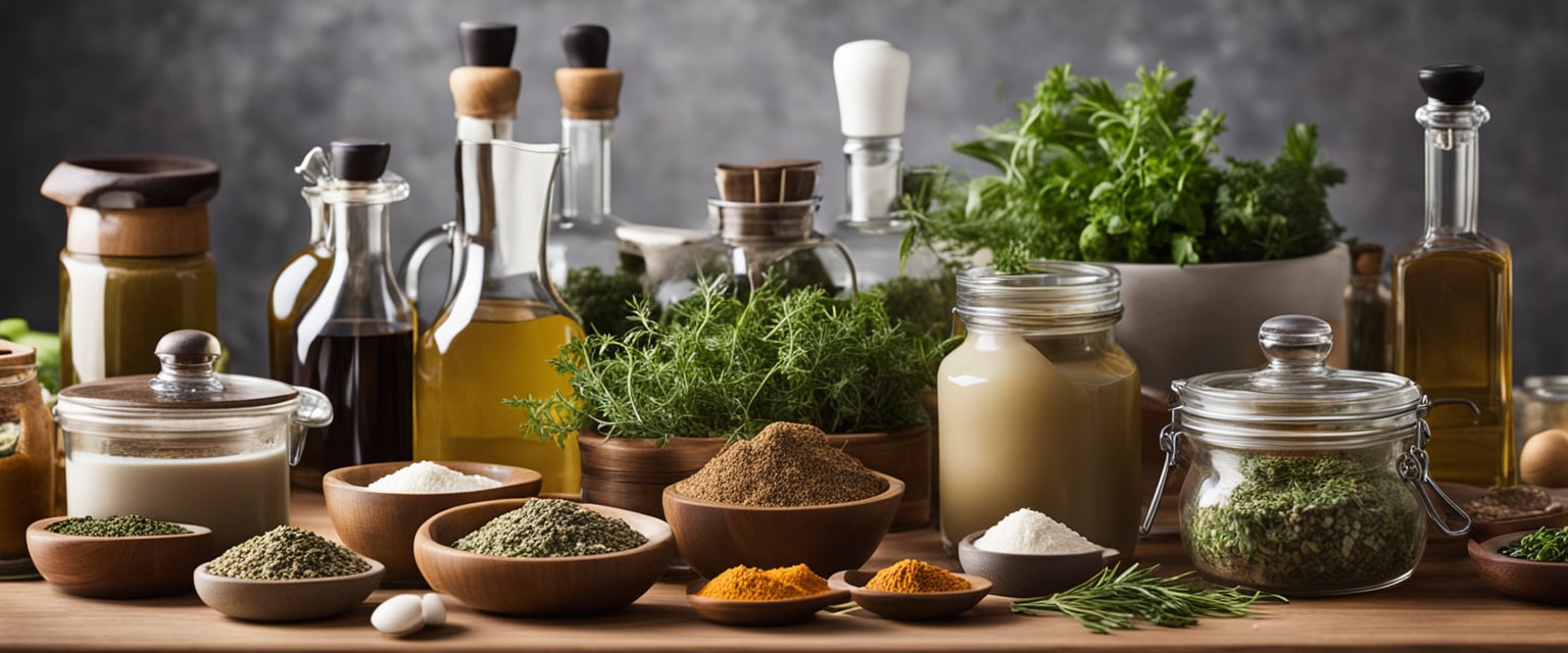 A variety of ingredients and kitchen tools laid out on a countertop, including fresh herbs, spices, oils, vinegars, and mixing bowls