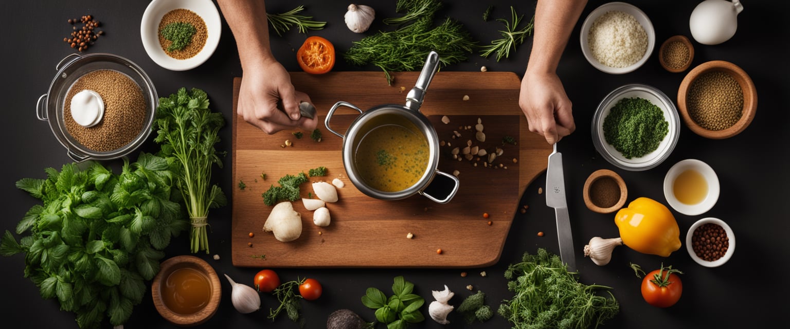 A chef stirs a pot of simmering sauce, surrounded by fresh herbs and spices, with a variety of ingredients laid out on a wooden cutting board