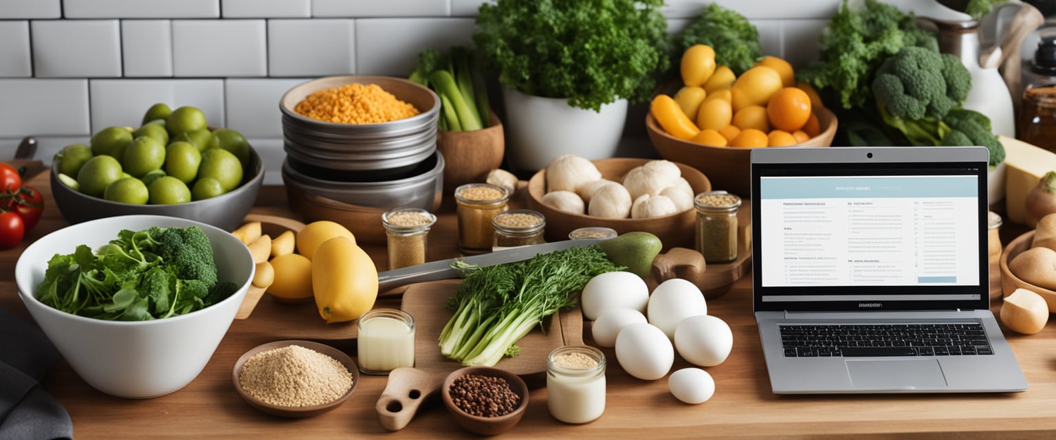 A variety of fresh ingredients and kitchen tools laid out on a countertop, with recipe books and a laptop open for inspiration