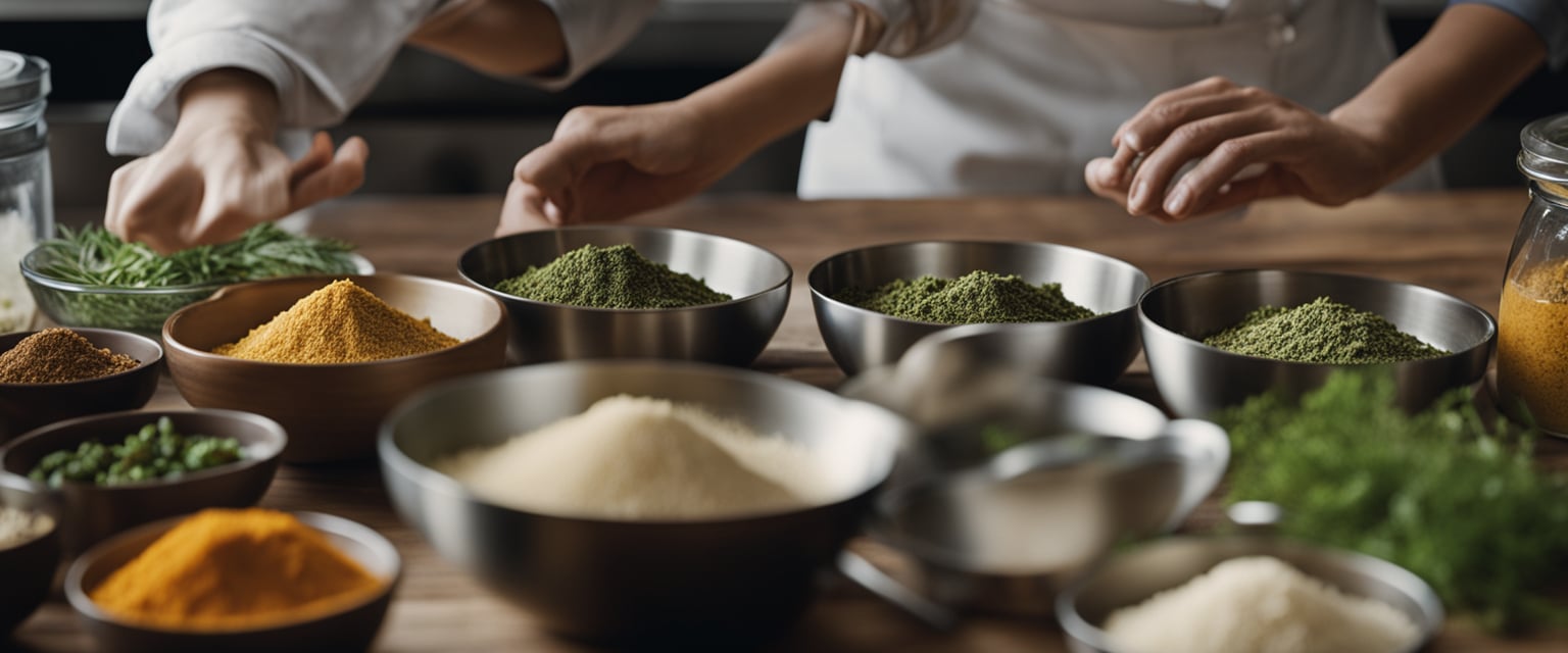 A person mixing ingredients in bowls, tasting and adjusting flavors, with various herbs and spices on a kitchen counter