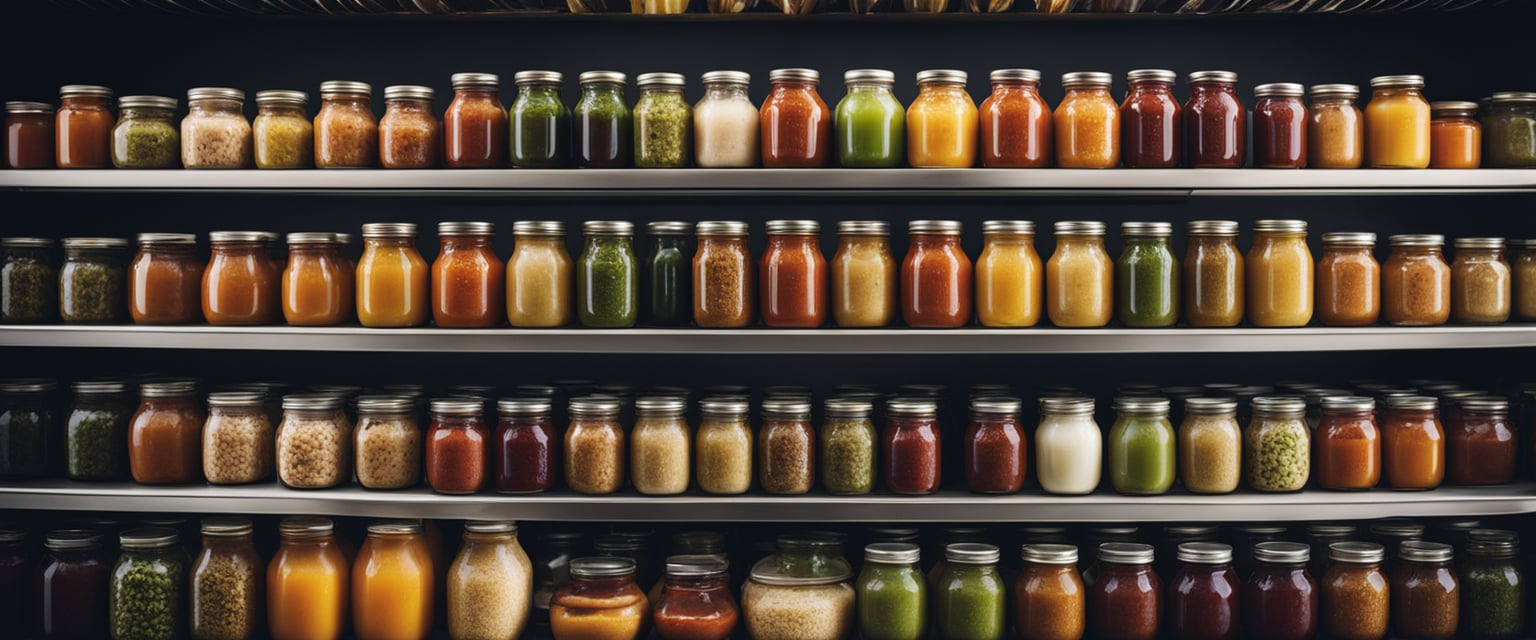 Various jars and bottles filled with colorful homemade sauces and dressings neatly arranged on a shelf or in a refrigerator