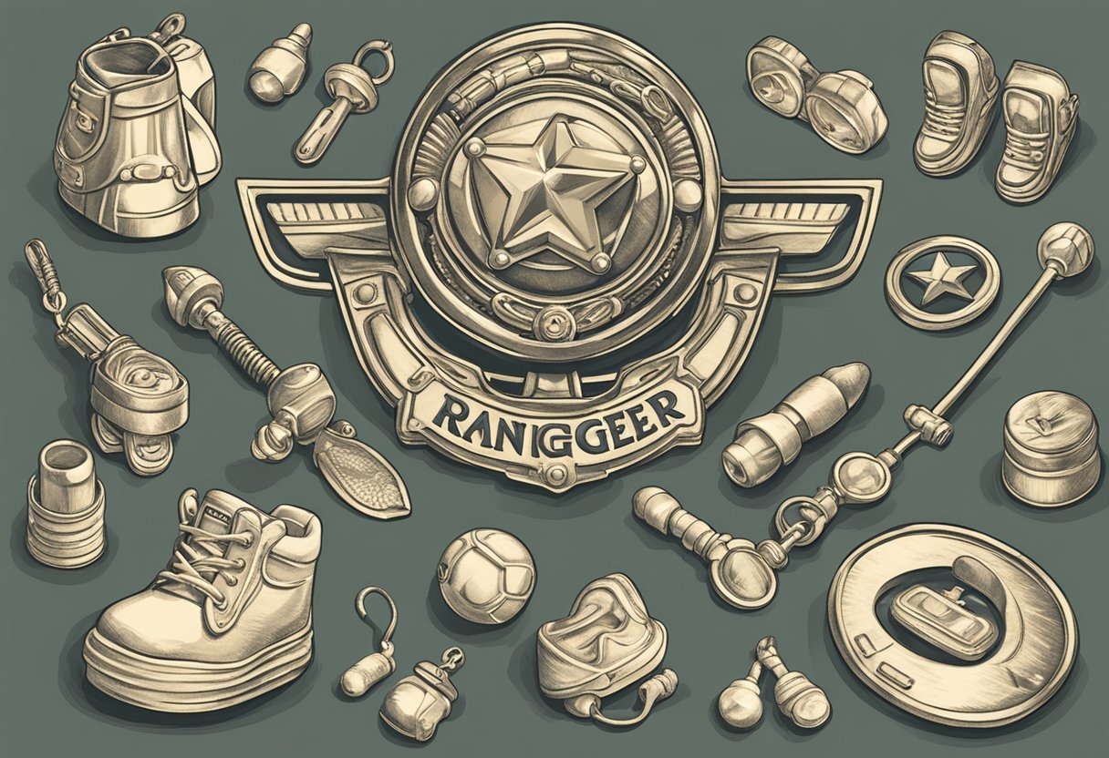 A ranger badge surrounded by baby items like pacifiers, rattles, and diapers, symbolizing the importance of choosing the right name for a child