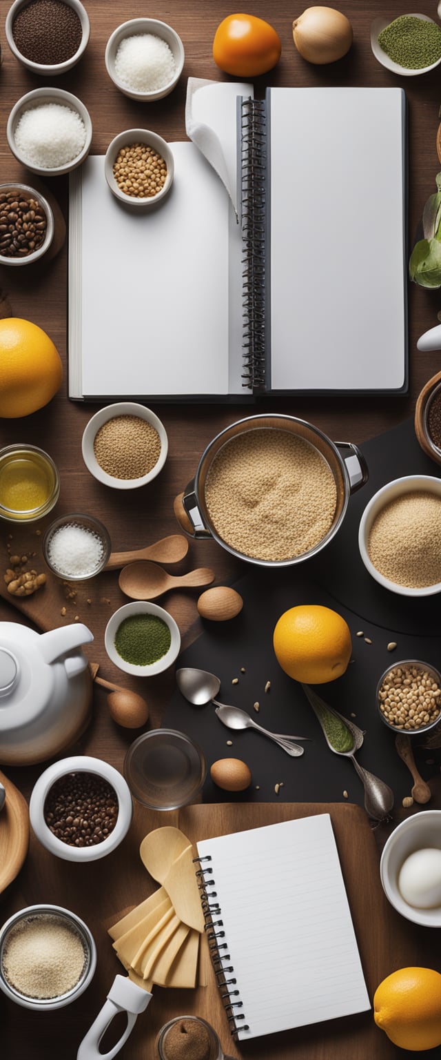 A kitchen with various cooking utensils and ingredients spread out on a countertop, with a cookbook open to a recipe and a notebook for jotting down ideas