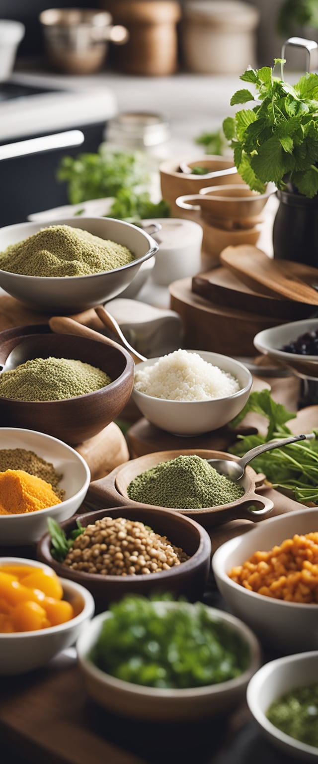 A kitchen filled with a variety of fresh ingredients, spices, and cooking utensils. A chef's notebook with unique recipe ideas and flavor combinations