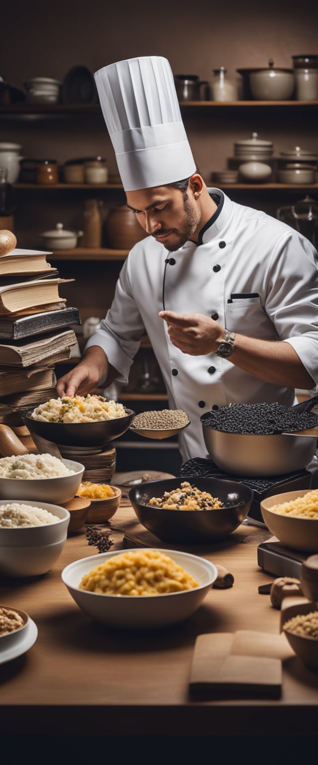 A chef surrounded by cookbooks, experimenting with various ingredients and flavors, seeking inspiration for their unique cooking style