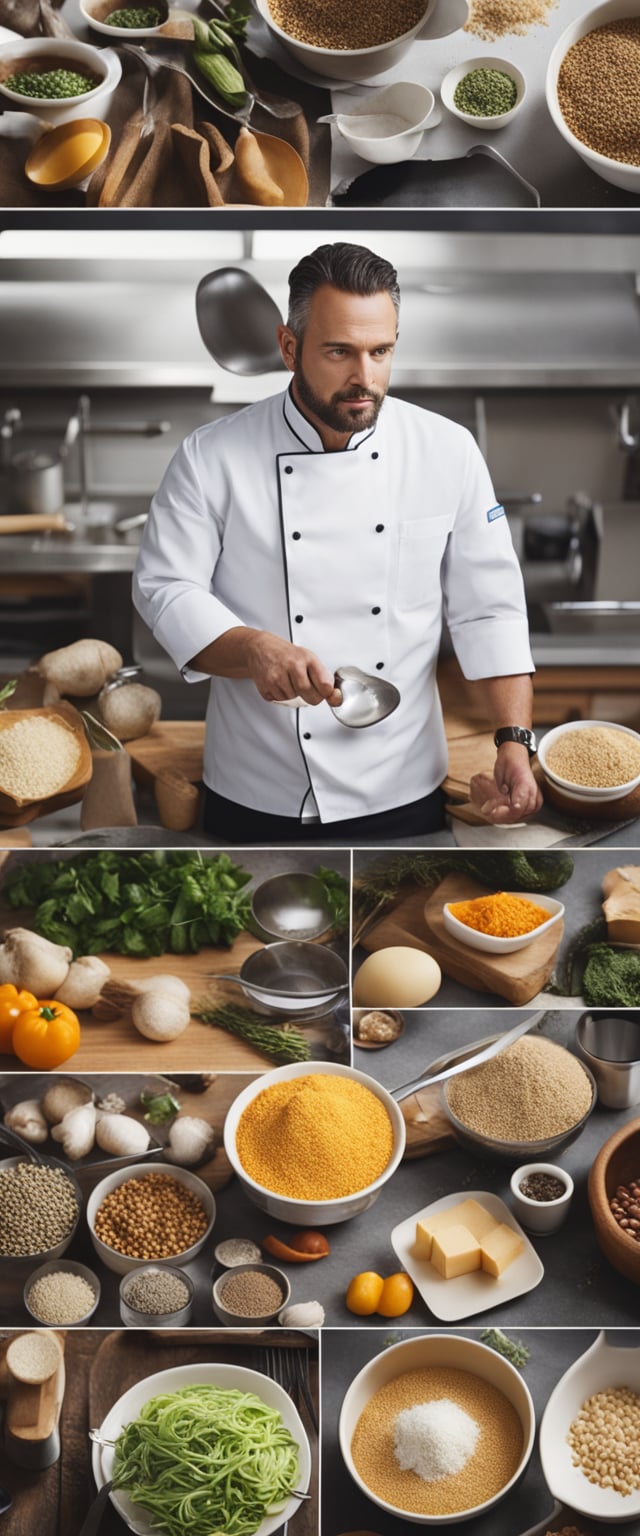 A chef surrounded by various ingredients, utensils, and cookbooks, brainstorming and testing unique flavor combinations and techniques