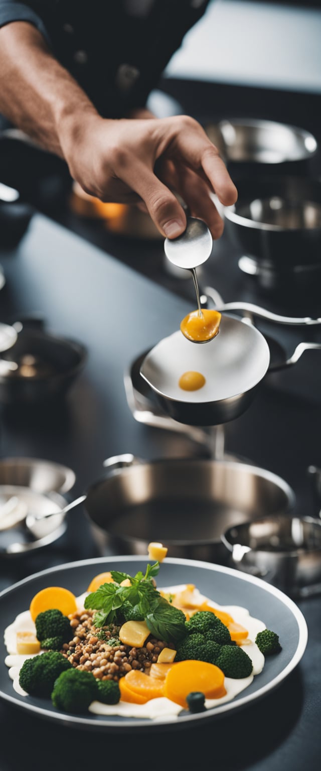 A chef experimenting with unique flavor combinations and plating techniques in a modern kitchen