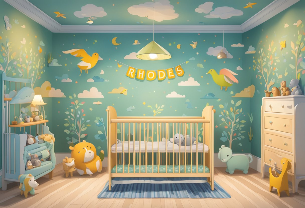 A small, cozy nursery with a crib adorned with the name "Rhodes" in playful, colorful letters. A mobile of soft, whimsical animals hangs above, gently swaying in the breeze