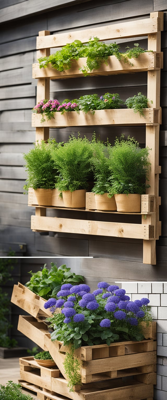 A tall wooden pallet leans against a brick wall, filled with vibrant green plants and colorful flowers. Hanging planters and shelves are attached to the pallet, maximizing vertical space for gardening