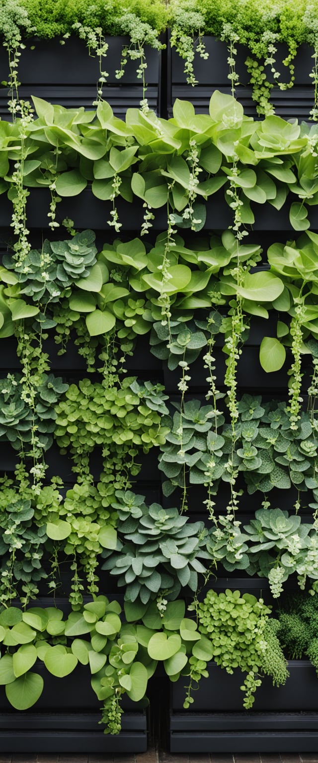 A vertical garden with cascading vines, hanging planters, and trellises against a wall. Various herbs, flowers, and succulents thrive in the space-saving design
