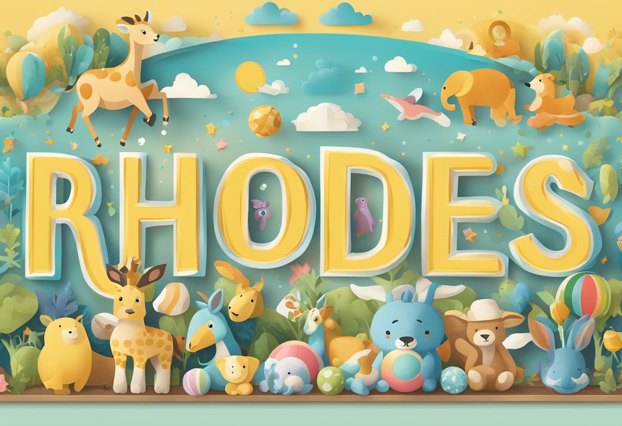 A baby name "Rhodes" displayed on a colorful banner with playful fonts and surrounded by cheerful and whimsical illustrations of toys and animals