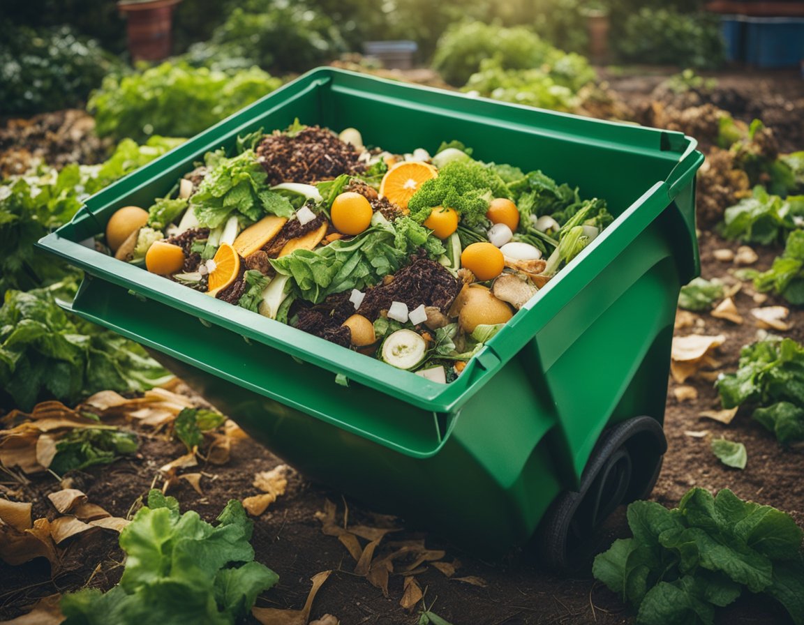 A pile of organic waste, including fruit and vegetable scraps, leaves, and grass clippings, is layered in a bin with occasional turning to aerate