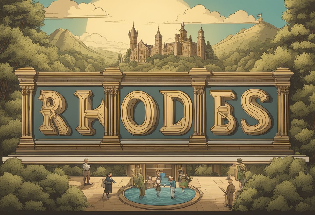 A baby name "Rhodes" displayed prominently on a vintage-inspired nameplate, surrounded by influential figures in history