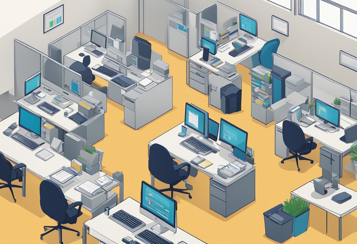 A busy office with one side showing in-house payroll operations and the other side outsourcing. Computers, files, and calculators are visible, representing the different approaches to payroll management