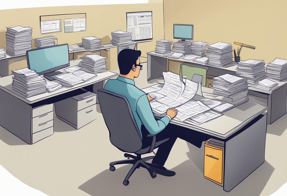 An office desk with two separate piles of papers labeled "in-house payroll" and "outsourcing." A person sits at the desk, contemplating which option to choose