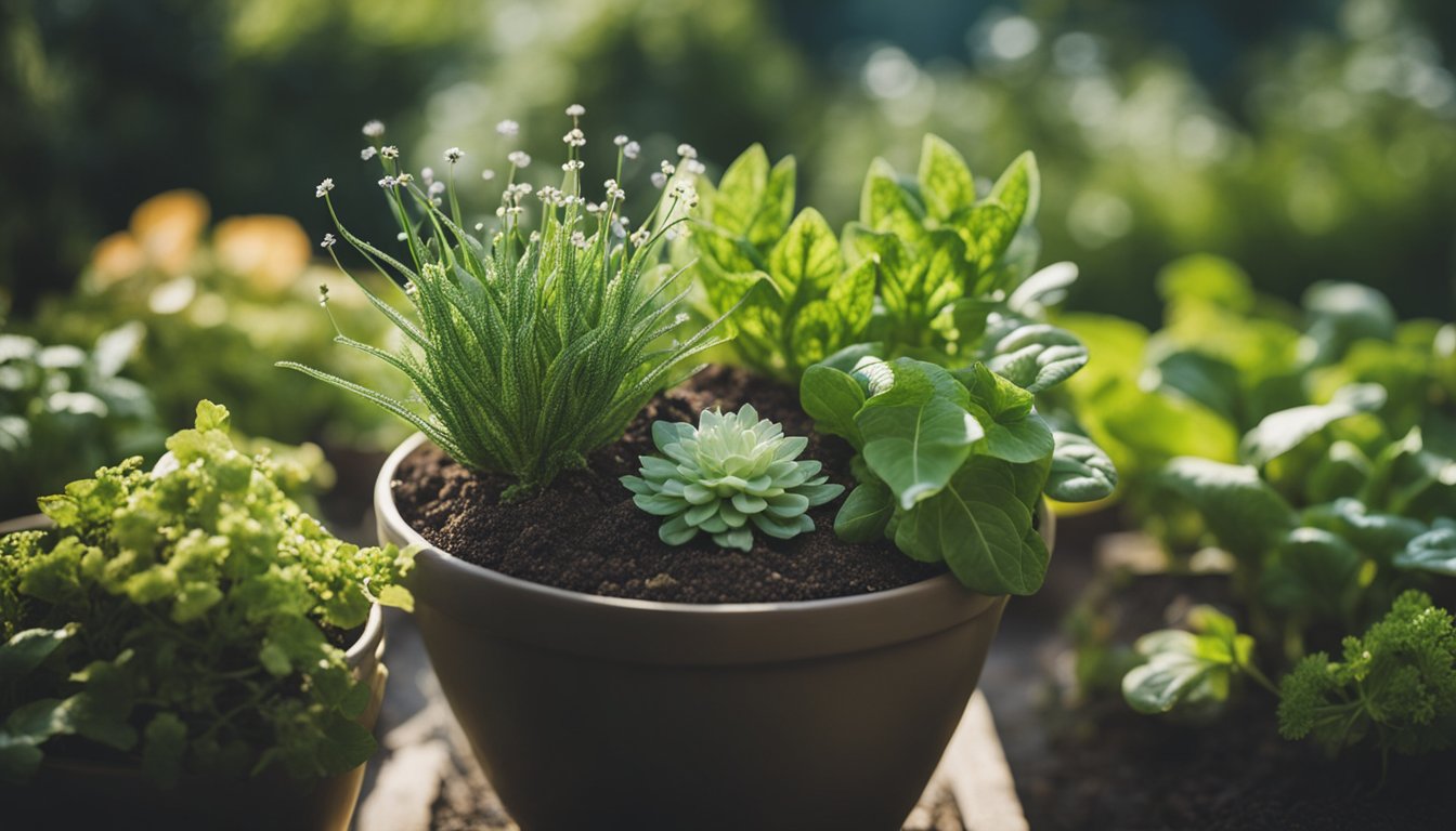 Plants thrive together in a garden, benefiting from each other's presence. A variety of vegetables and flowers are intermingled, creating a harmonious and diverse ecosystem