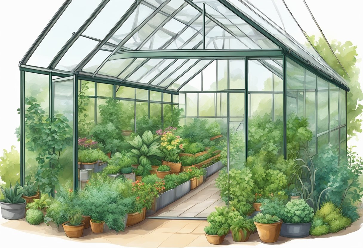 Lush garden with a variety of plants in different stages of growth, surrounded by protective covers and greenhouse structures to extend the growing season