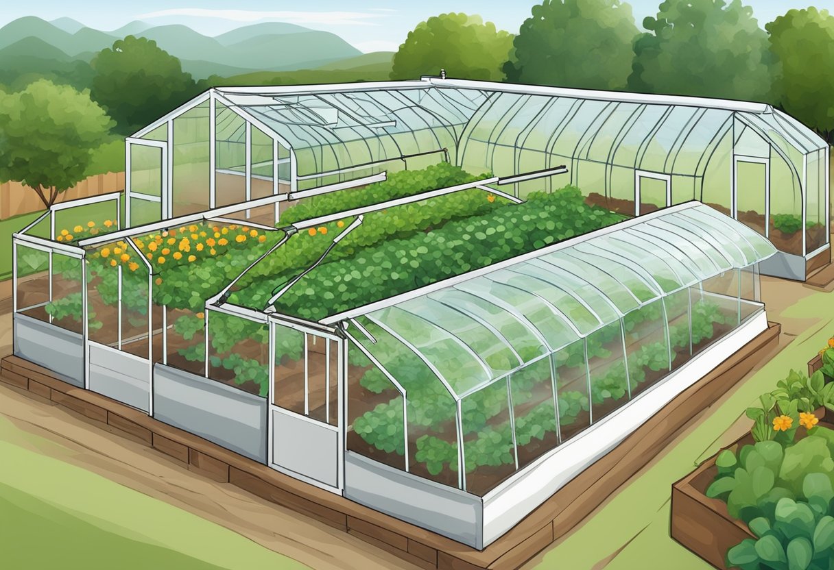 A greenhouse with raised beds, drip irrigation, and row covers extend the garden's growing season