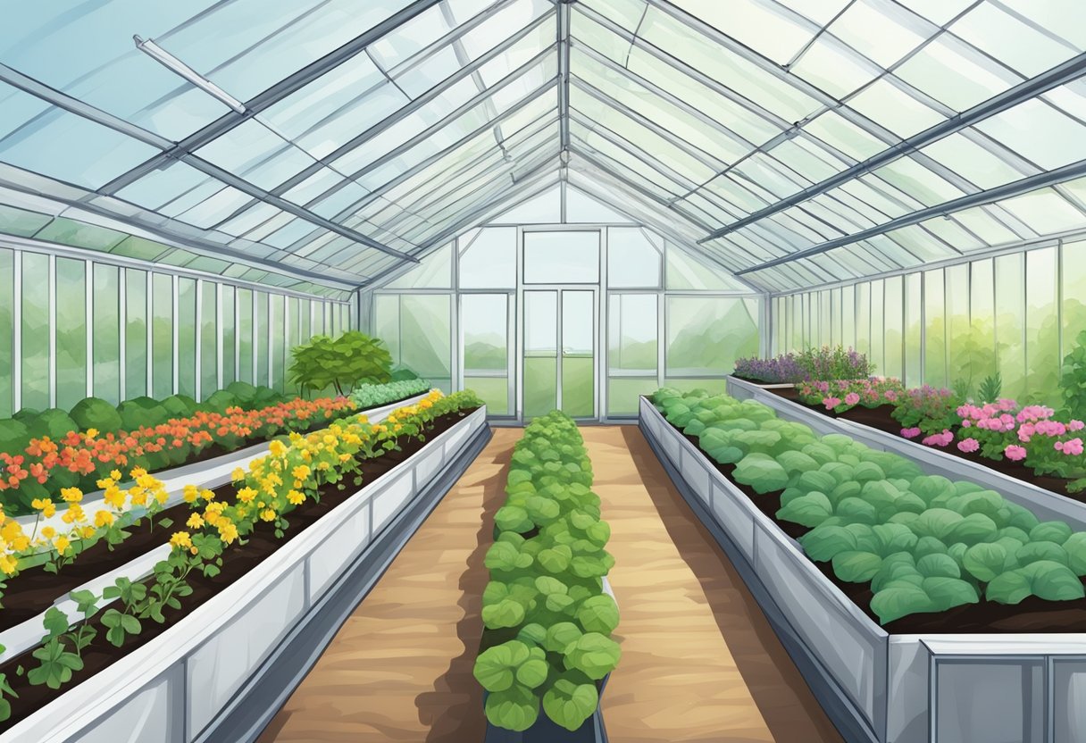 A greenhouse with raised beds, row covers, and cold frames extend the growing season in a garden