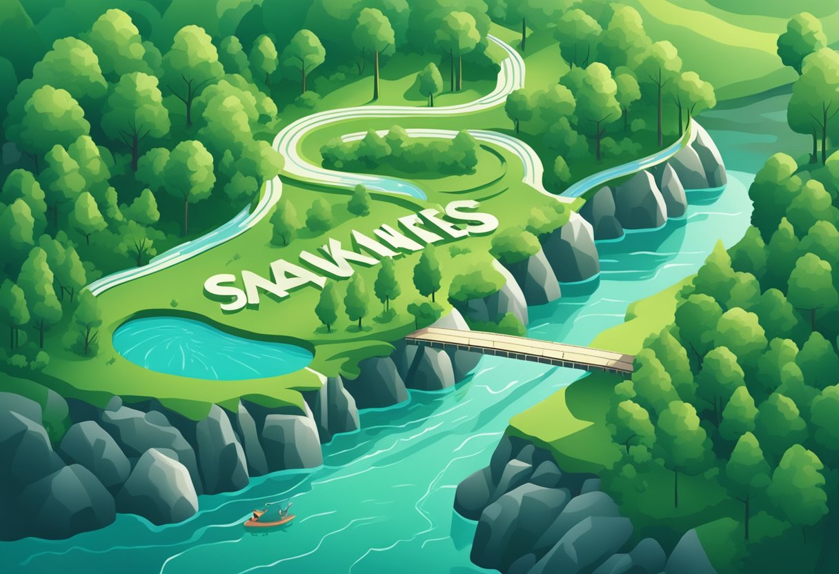 A serene river flowing through a lush, green landscape, with the words "Influential Namesakes" gently floating above the water in elegant script