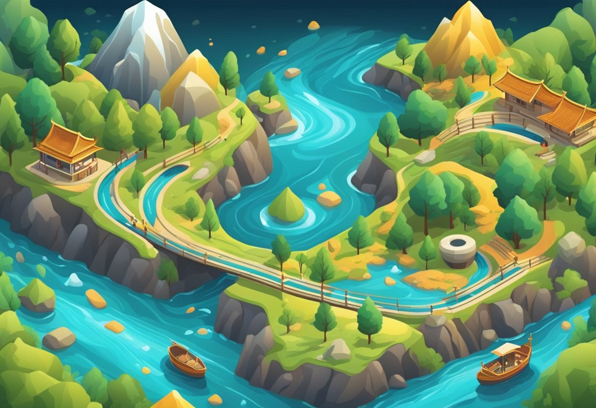 A flowing river with vibrant colors and cultural symbols