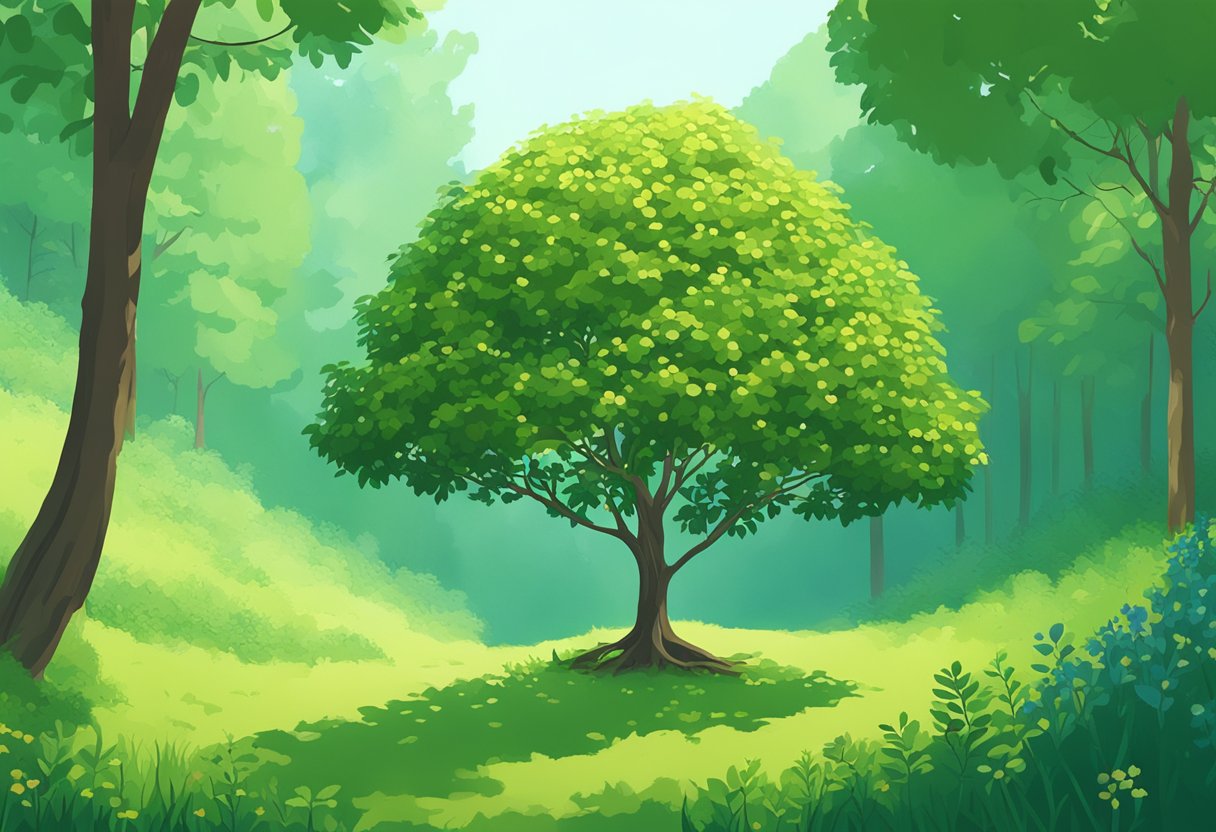 A small, green sapling named Rowan stands tall in a lush forest clearing, surrounded by vibrant wildflowers and dappled sunlight