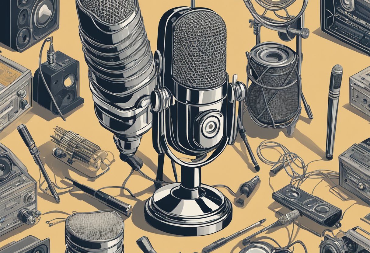 Rosie's Impact on Arts and Media: A vintage microphone surrounded by paintbrushes, film reels, and musical notes, symbolizing Rosie's influence on creativity and expression