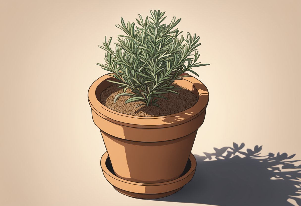 A small, delicate rosemary plant sits in a terracotta pot, its fragrant leaves reaching towards the sunlight