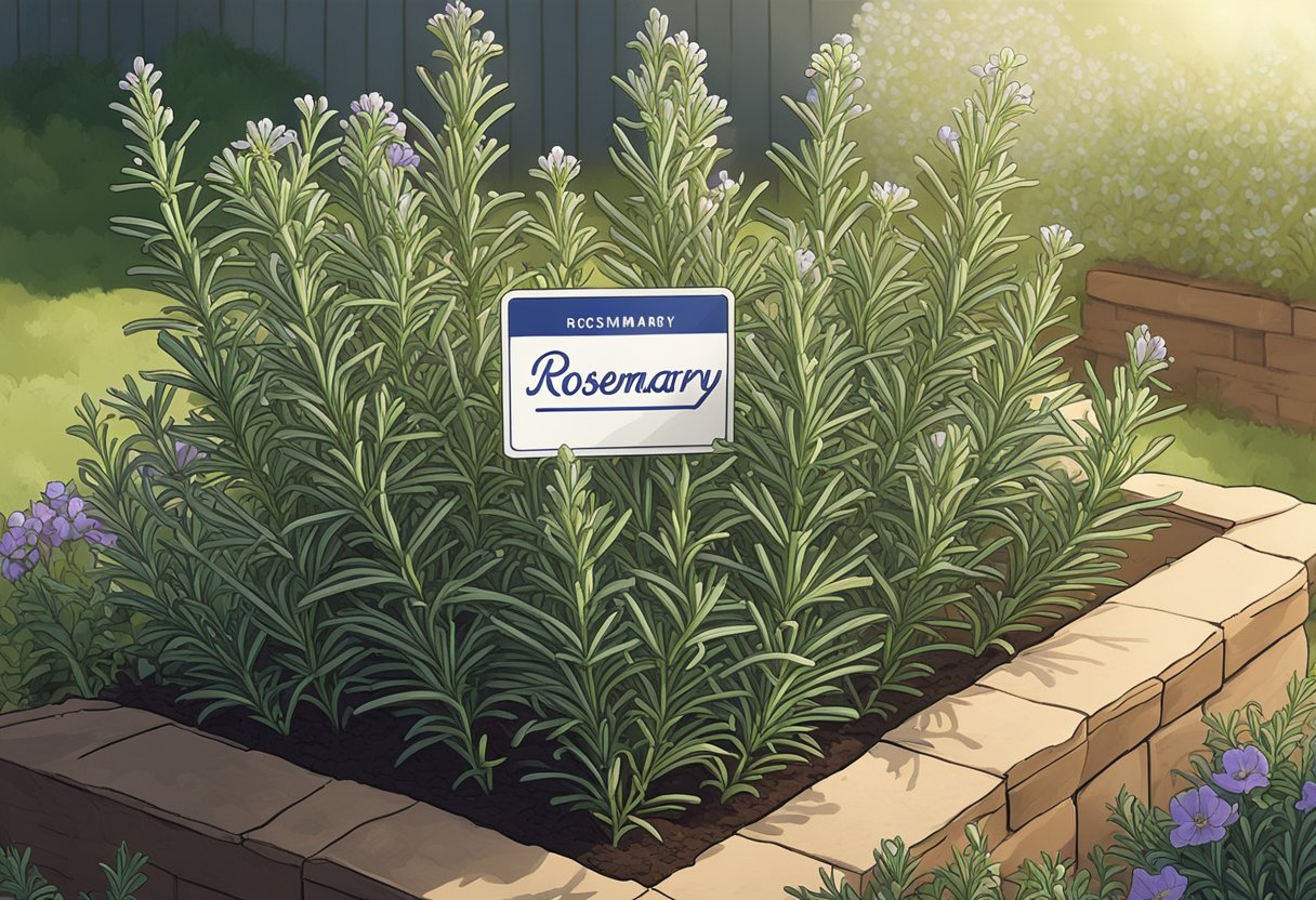 A blooming rosemary plant with a nametag "Rosemary" in a garden setting