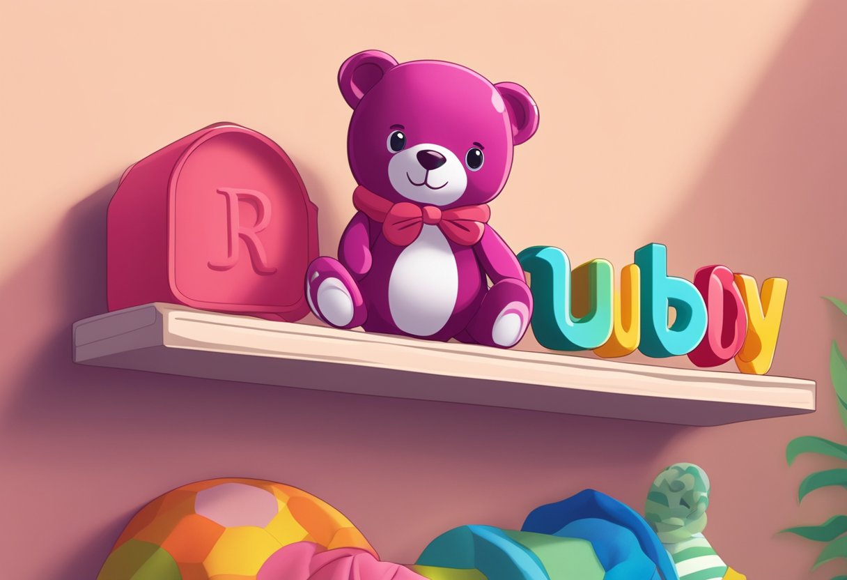 A small, delicate nameplate reading "Ruby" sits on a nursery shelf, surrounded by colorful toys and soft blankets