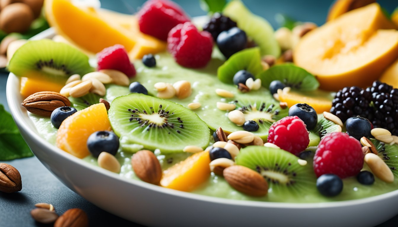 A colorful array of fresh fruits, nuts, and seeds arranged around a bowl of creamy ninja-inspired smoothie, with vibrant green hues and a sprinkle of superfood toppings