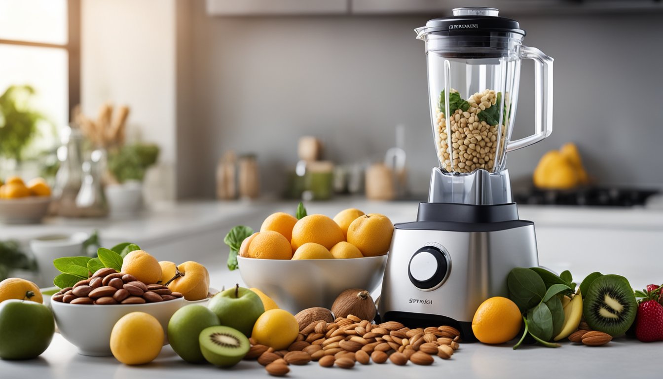 A colorful array of fresh fruits, nuts, and seeds scattered around a sleek, modern blender. A variety of wholesome ingredients, such as spinach, almond milk, and Greek yogurt, are neatly arranged nearby
