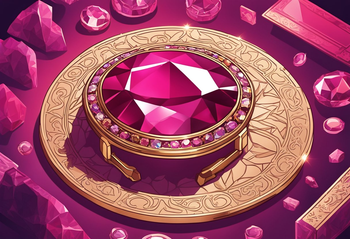 A vibrant ruby gemstone surrounded by famous namesakes and cultural symbols