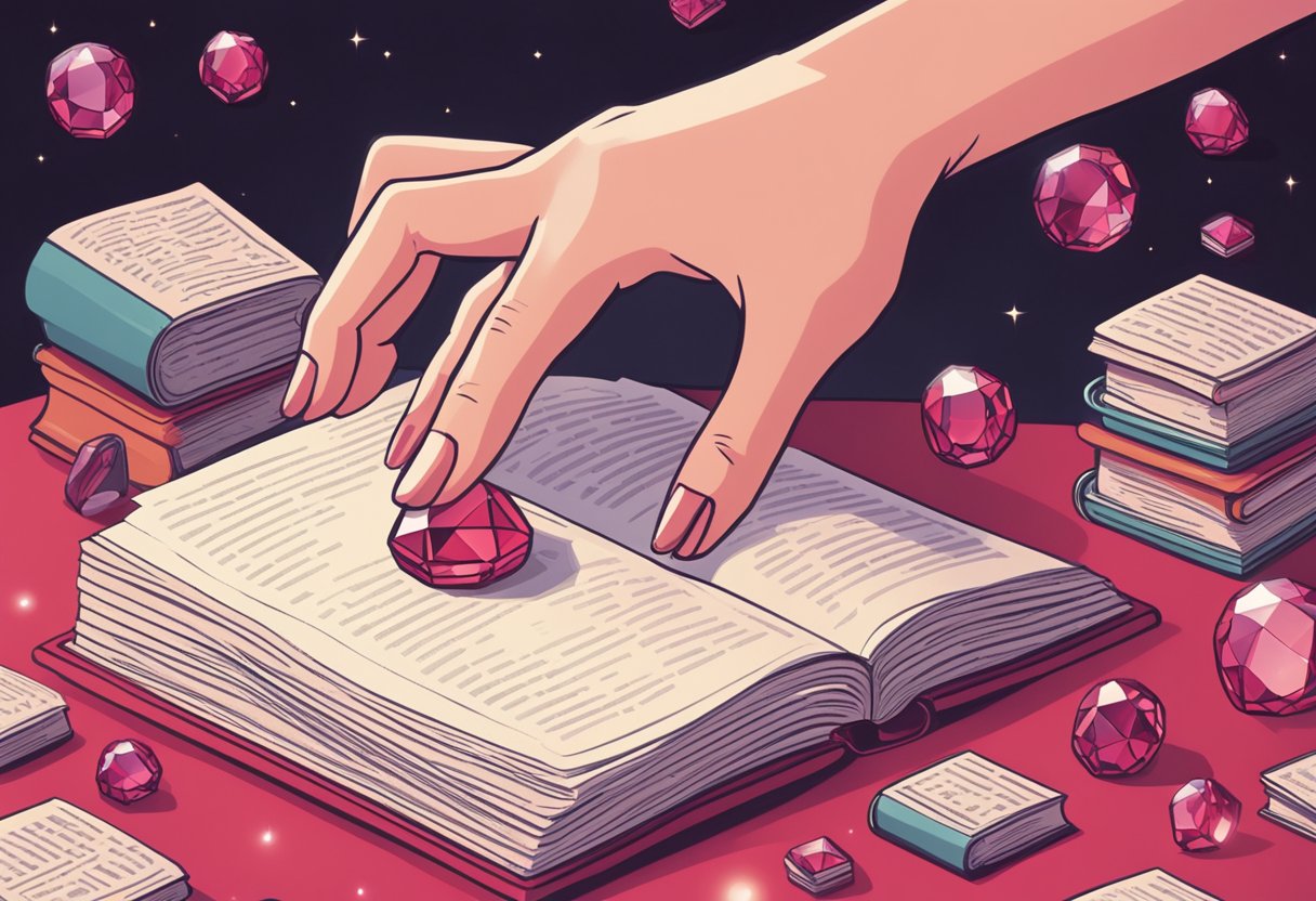 A hand reaches for a sparkling red gemstone amidst a collection of baby name books and lists. The word "Ruby" is highlighted and circled, indicating a thoughtful consideration for the name choice