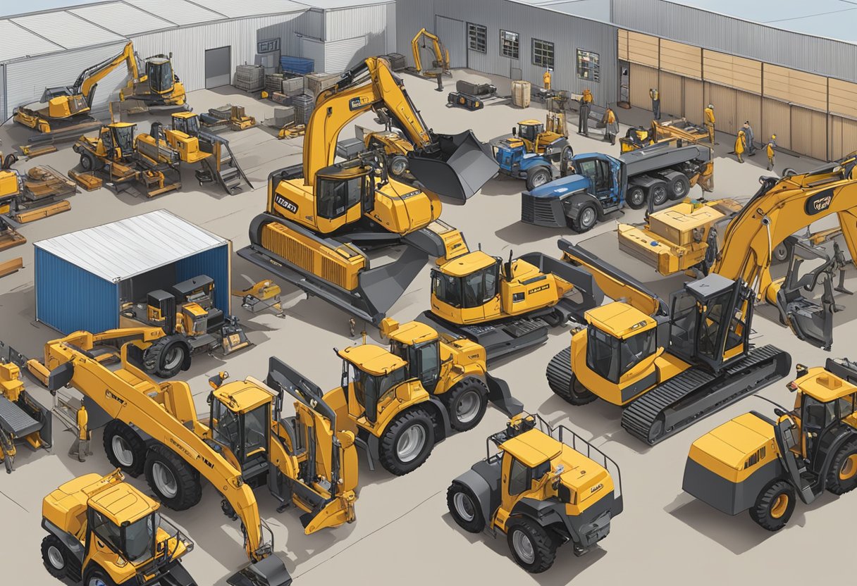 A bustling equipment rental yard in Cheyenne, Wyoming, with various machinery and tools neatly organized and ready for use