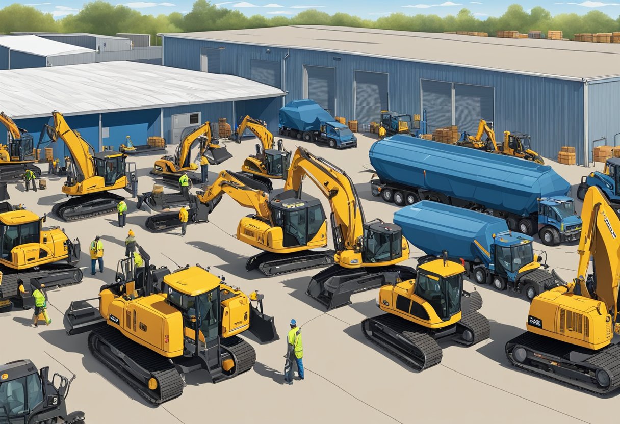 A bustling equipment rental yard in Cheyenne, Wyoming. Various machinery and tools neatly organized under a bright blue sky. Customers and staff busy inspecting and moving equipment