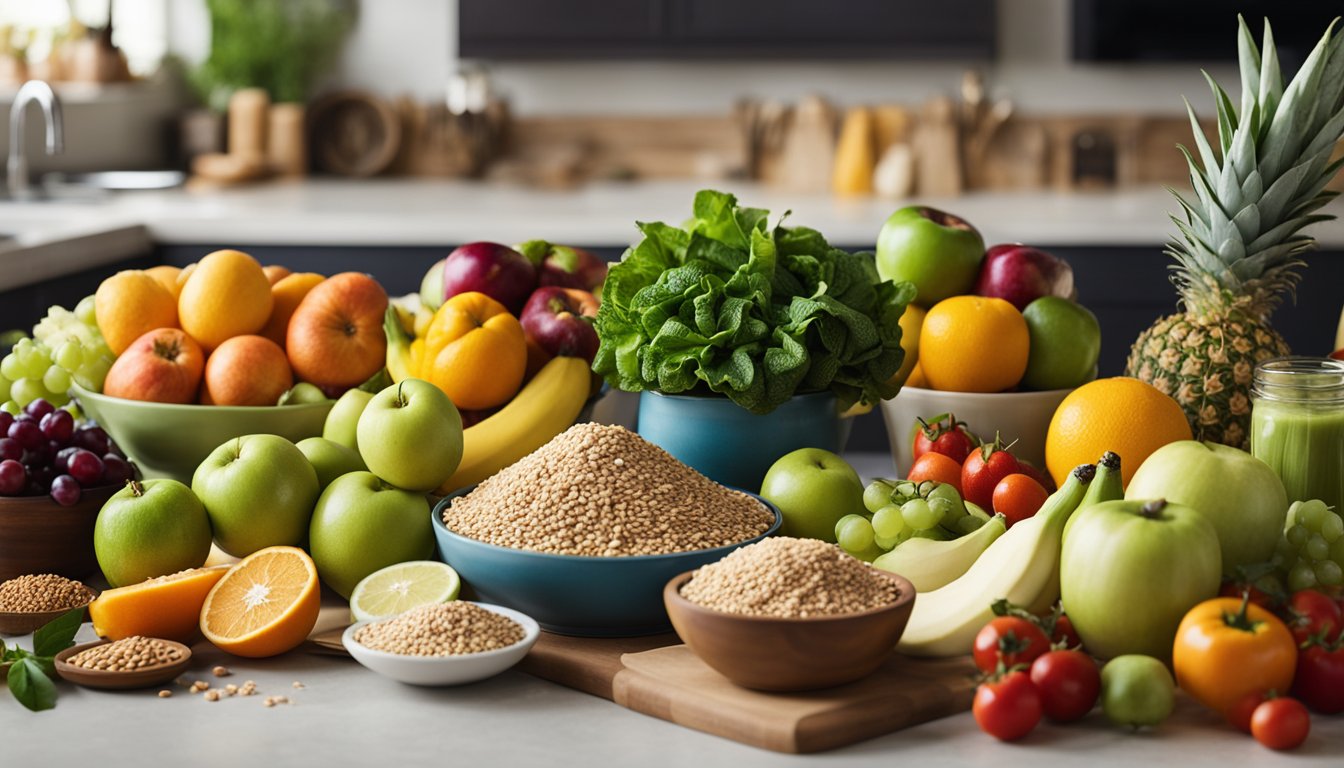 Colorful array of fruits, vegetables, and whole grains on a kitchen counter. A variety of healthy recipe books and cooking utensils are scattered around