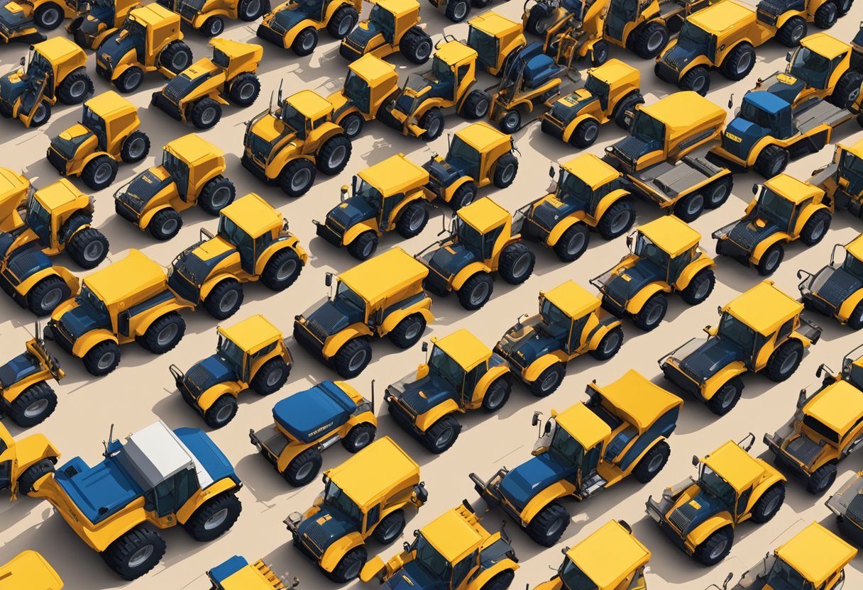 Construction equipment lined up at a rental yard in Cheyenne, Wyoming. Various machinery and tools are displayed, ready for use on construction projects