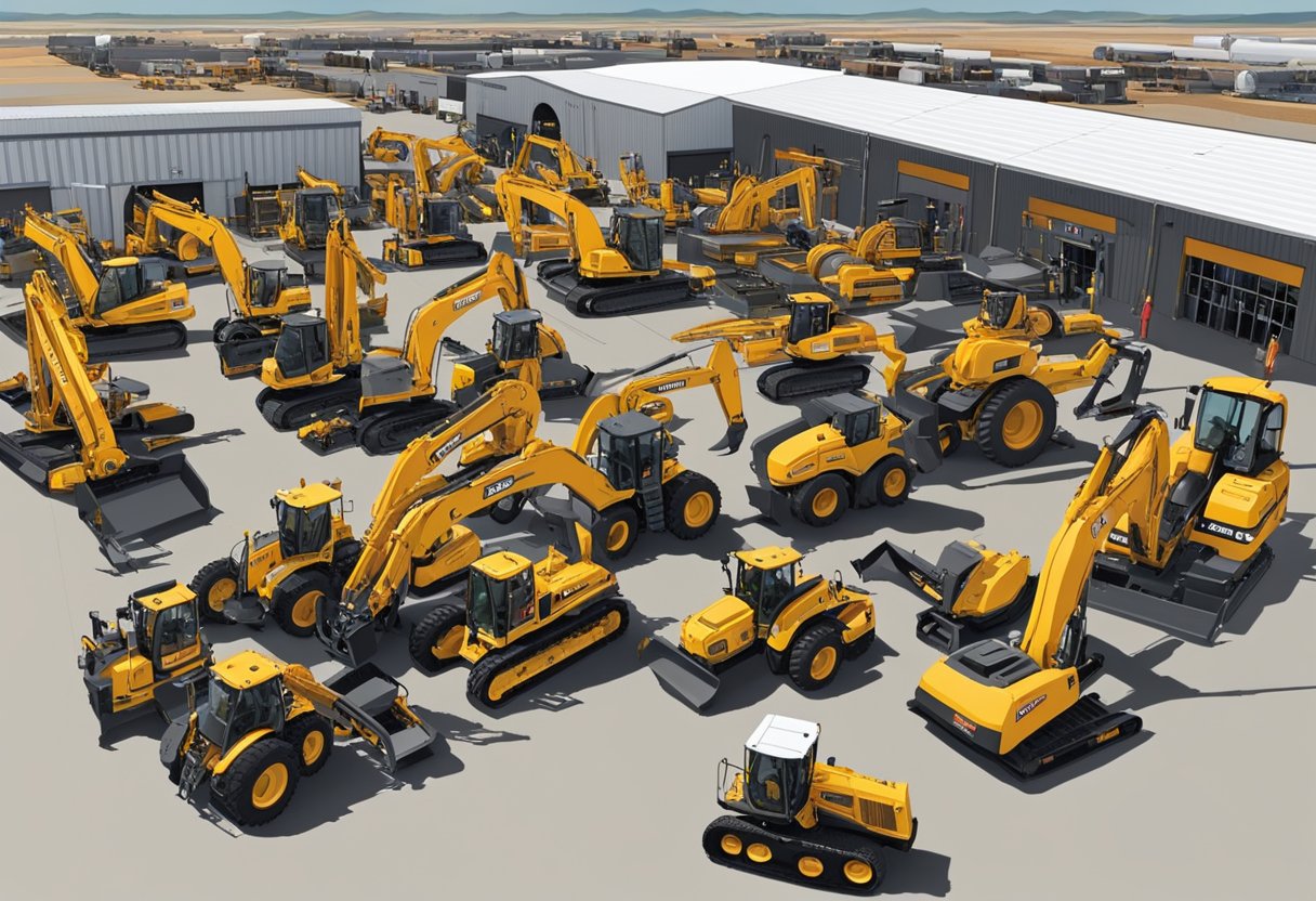 The Equipment Rental Network in Cheyenne, Wyoming is bustling with activity as customers browse through a wide selection of machinery and tools. The sun shines down on the vast array of equipment, creating a vibrant and energetic atmosphere