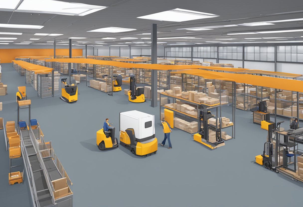 Various rental equipment displayed in a spacious warehouse with clear signage. A customer service desk and staff assisting clients. Outdoor equipment showcased in a separate area