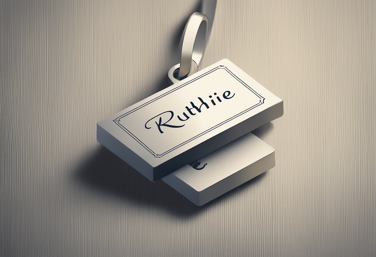 A small, delicate name tag with "Ruthie" written in elegant cursive script