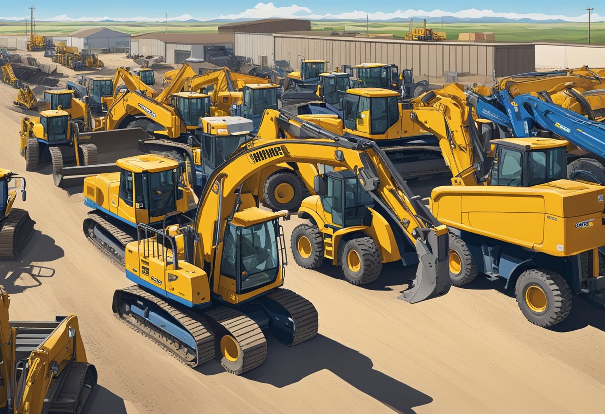 A bustling equipment rental yard in Cheyenne, Wyoming. Heavy machinery, tools, and vehicles are neatly organized under a bright blue sky